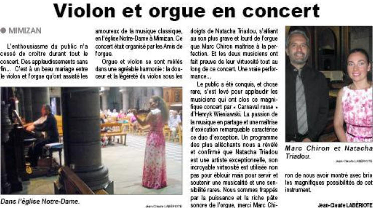 Photo Article Le Courrier Français - Concert Natacha Triadou et Marc Chiron à Mimizan